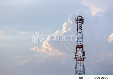 Silhouette signal antenna tower at sunrise sky 55936551