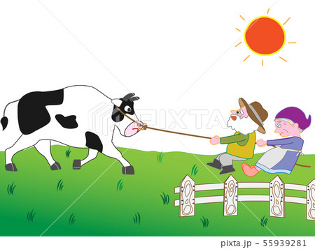 牛や馬の世話をする酪農家族のイラスト素材