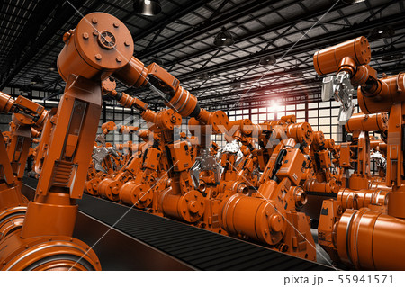 robotic arms with empty conveyor belt 55941571