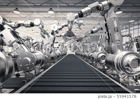 robotic arms with empty conveyor belt 55941576