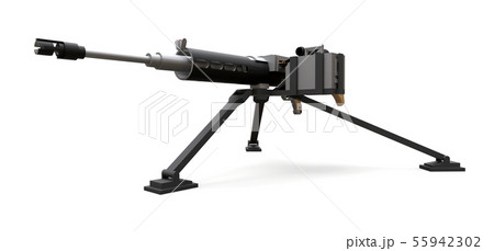 Large machine gun on a tripod with a full cassette ammunition on a white background. 3d ilustration. Large machine gun on a tripod with a full cassette ammunition on a white background. 3d ilustration. 55942302