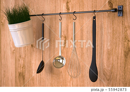 kitchen rack on wooden wall 55942873