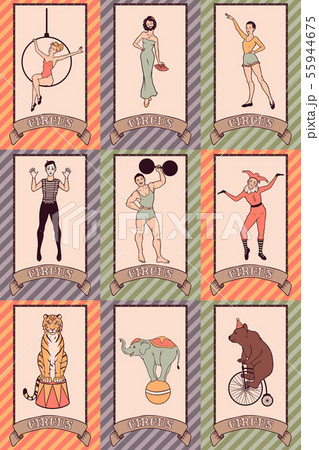 Vintage Circus Hand Drawn Characters Set のイラスト素材