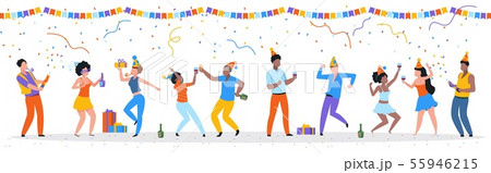 Cartoon party people. Trendy happy dancing group of men and women with party hats, confetti and 55946215