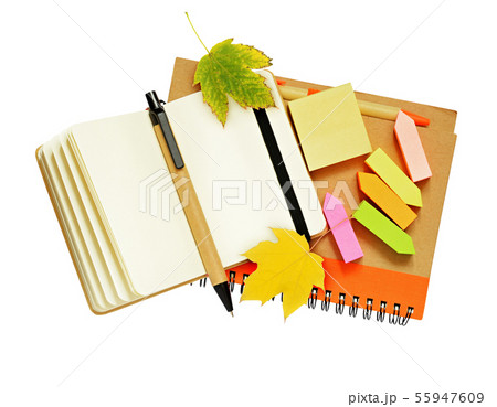 Notebook and pens with dry autumn leaves Notebook and pens with dry autumn leaves 55947609