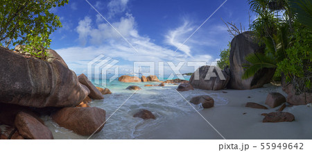 Seychelles, Prale island, Anse Lazio beach panoram Seychelles, Prale island, Anse Lazio beach panoram 55949642