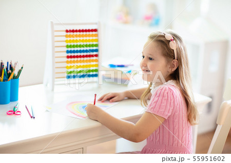 Child drawing. Kids paint. Girl after school. Child drawing. Kids paint. Girl after school. 55951602