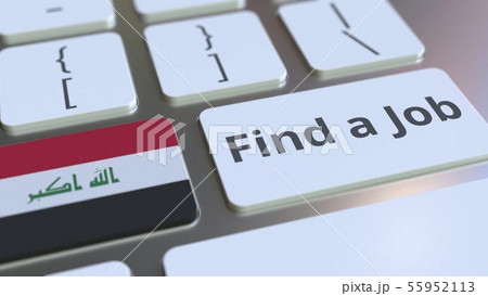 FIND A JOB text and flag of Iraq on the buttons on the computer keyboard. Employment related FIND A JOB text and flag of Iraq on the buttons on the computer keyboard. Employment related 55952113