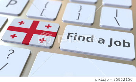 FIND A JOB text and flag of Georgia on the buttons on the computer keyboard. Employment related FIND A JOB text and flag of Georgia on the buttons on the computer keyboard. Employment related 55952156