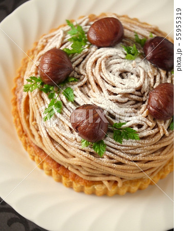 渋皮栗のモンブランタルト　黒背景　（縦位置ハイアングル） 55955319