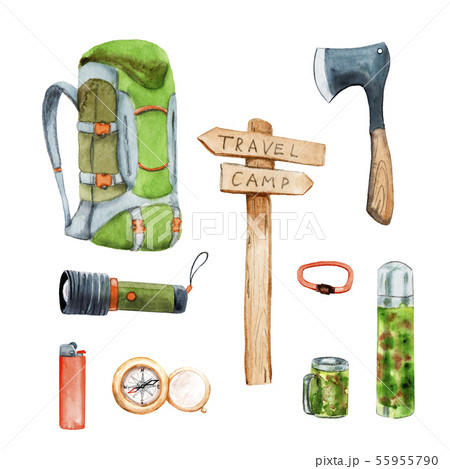 watercolor camping set - backpack, ax, pointer, fl 55955790