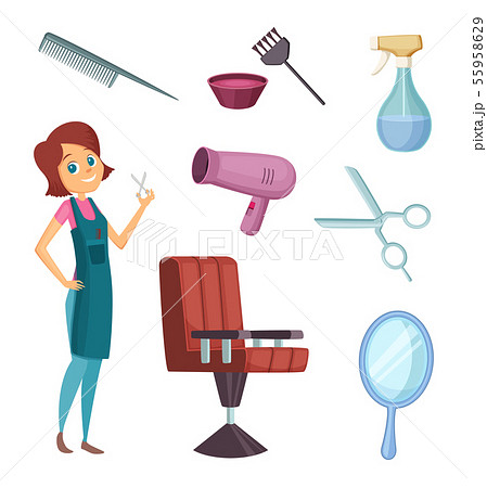 Female barber at work. Stylist with different tools for barbershop. Fashion pictures in cartoon Female barber at work. Stylist with different tools for barbershop. Fashion pictures in cartoon 55958629
