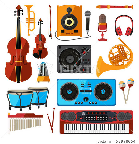 Musical instrument isolate on white. Music equipment for sound studio or shop. Guitars, digital 55958654