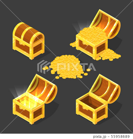 Wooden old chest, closed and opened, with gold and different treasures. Vector pictures in cartoon 55958689