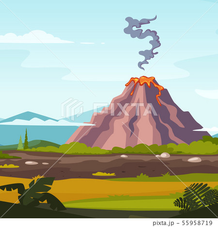 Wild landscape with volcano and lava. Cartoon background for game design projects 55958719
