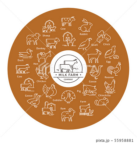 Circular vector icon set in a line style of farm animals silhouettes. 55958881