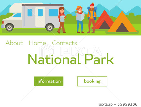 Camping park landscape vector illustration with travelers with backpacks, tents and van. Webpage 55959306