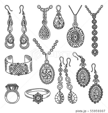 Hand drawn pictures set of luxury jewelry. Vector illustrations 55959307