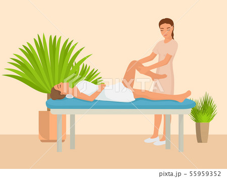 Young girl having hot stone massage vector illustration. Professional masseuse massaging patient 55959352