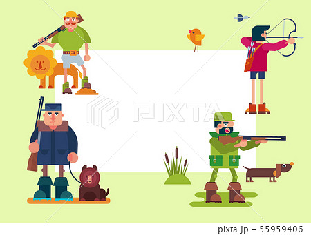 Hunters characters vector cartoon illustrations. Various hunter with riffle, gun, bow and animals Hunters characters vector cartoon illustrations. Various hunter with riffle, gun, bow and animals 55959406