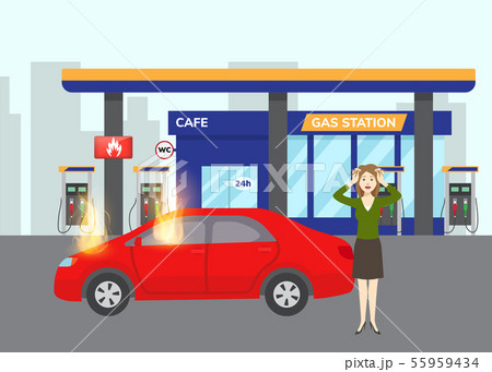 Gas inflaming car on gas filling station with fuel symbol and scared girl flat vector illustration 55959434