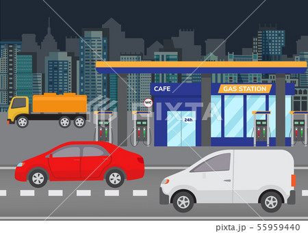 Car refueling petrol at gas station vector illustration. City building skyline in the background 55959440