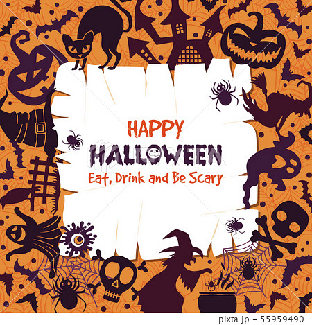 Invitation for halloween party. Scary background with different symbols of halloweens celebration Invitation for halloween party. Scary background with different symbols of halloweens celebration 55959490
