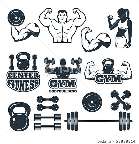 Different symbols and badges set for fitness club. Vector pictures for gym Different symbols and badges set for fitness club. Vector pictures for gym 55959514