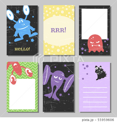 Colorful retro funny cards set with cute monsters. Templates for birthday, anniversary, party Colorful retro funny cards set with cute monsters. Templates for birthday, anniversary, party 55959606
