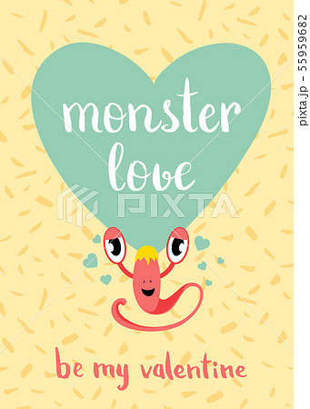 Vector Valentines Day monster love card with blue heart, cute monster and lettering on confetti 55959682
