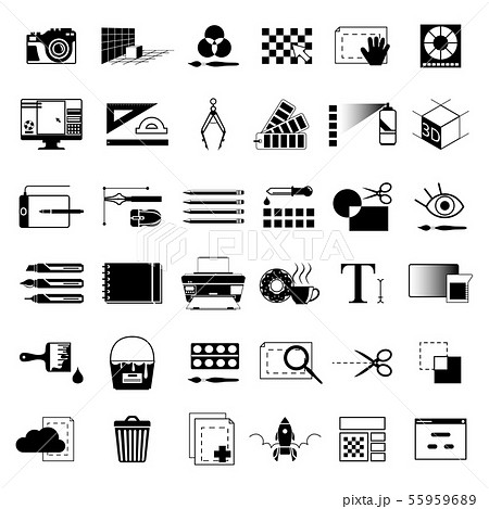 Creative tools for graphic artists or web designers. Vector monochrome black illustrations Creative tools for graphic artists or web designers. Vector monochrome black illustrations 55959689