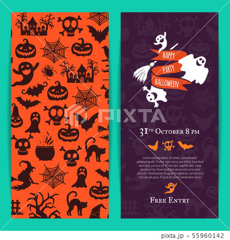 Vector halloween party thin invitation card template with creepy witches, pumpkins, ghosts 55960142