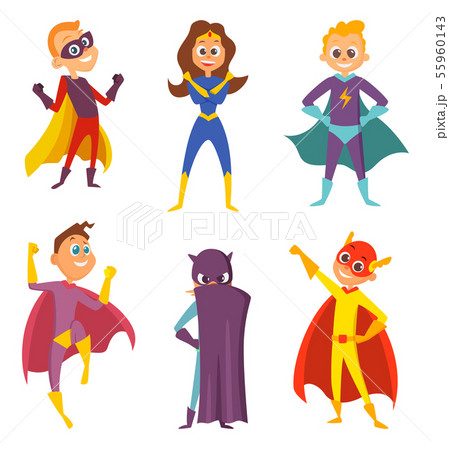 Funny childrens. Superheroes boys and girls in action poses. Cartoon characters set isolate on white 55960143