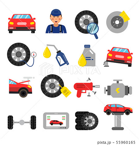 Automobile parts. Wheels and tires service of cars. Vector pictures in flat style 55960165