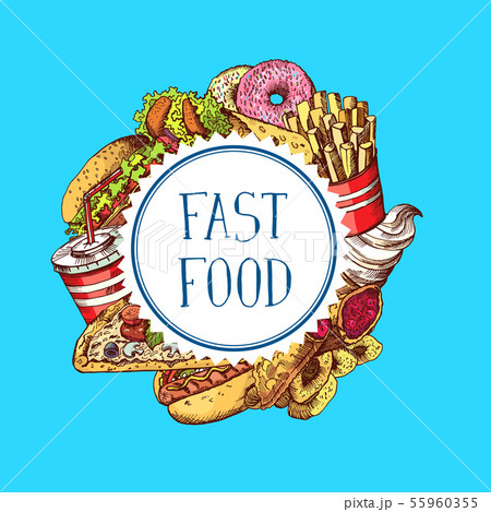 Vector hand drawn colored fast food elements gathered under circle illustration Vector hand drawn colored fast food elements gathered under circle illustration 55960355