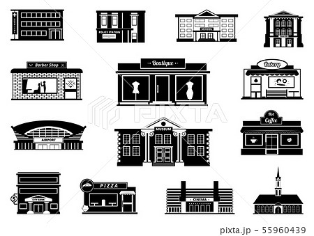 Shops, markets and others municipal buildings. Monochrome urban vector illustrations Shops, markets and others municipal buildings. Monochrome urban vector illustrations 55960439