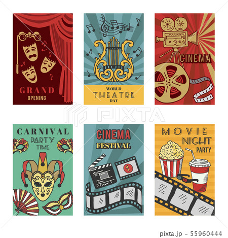 Posters design set with theatre and cinema symbols. Vector illustrations isolate 55960444