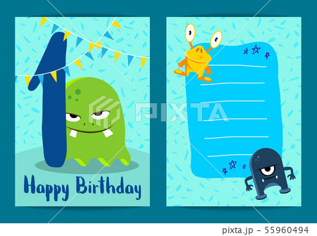 Vector happy birthday card with cute cartoon monsters, garland and age one Vector happy birthday card with cute cartoon monsters, garland and age one 55960494