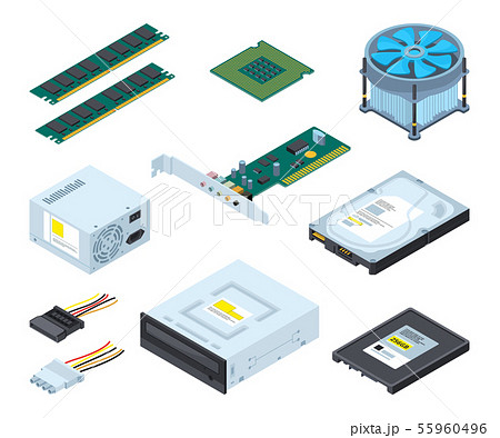 Different hardware parts and components of personal computer. Vector isometric pictures set 55960496