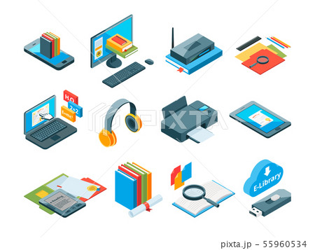 Isometric symbols of online education. Icons of e learning. Computer, laptop, smartphone and other Isometric symbols of online education. Icons of e learning. Computer, laptop, smartphone and other 55960534