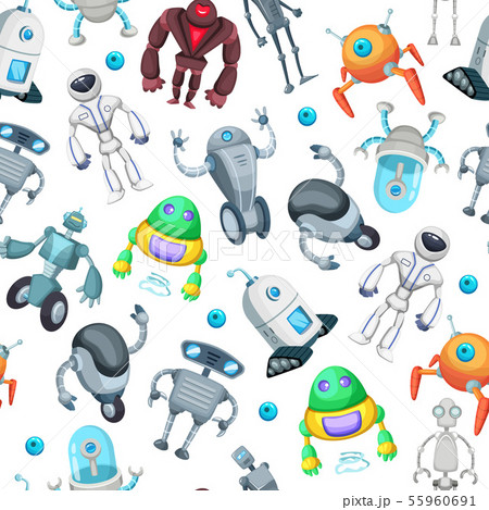 Seamless pattern with cute funny robots. Vector pictures in cartoon style Seamless pattern with cute funny robots. Vector pictures in cartoon style 55960691