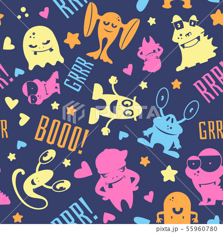 Seamless pattern with cute cartoon monsters, bubbles and words hello, monster 55960780