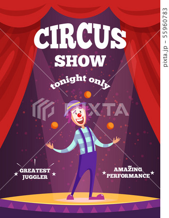Invitation poster for circus show or magicians performance. Illustration of clown juggle on the 55960783