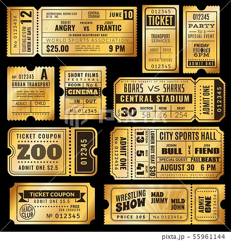 Golden tickets. Old gold admission vip ticket of circus, wedding party and cinema, theater concert 55961144