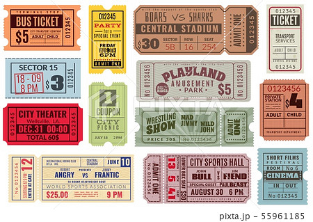 Retro tickets. Vintage cinema ticket concertのイラスト素材