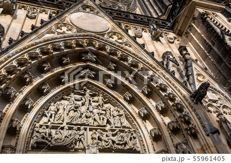 Cathedral church facade closeup view, Prague 55961405