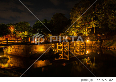 日本100名城 秋の国宝彦根城 玄宮園 ライトアップの写真素材