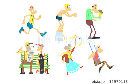 Funny Elderly People Performing Different Activities Set, Senior Men and Women Doing Sports, Walking 55979118