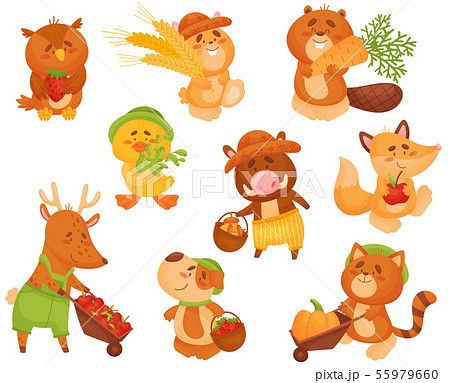 Set of cute animals with the harvest. Vector illustration on white background. Set of cute animals with the harvest. Vector illustration on white background. 55979660
