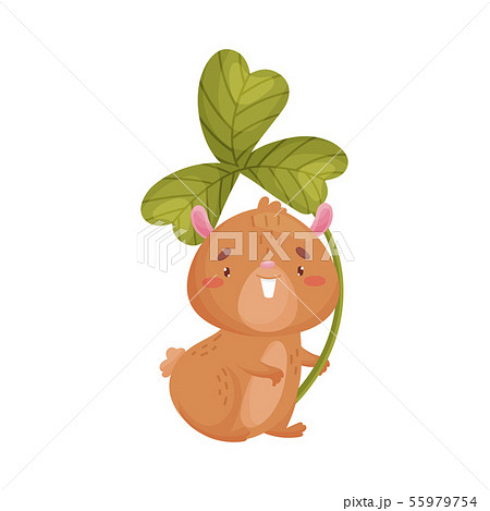 Cartoon hamster with clover. Vector illustration on white background. 55979754